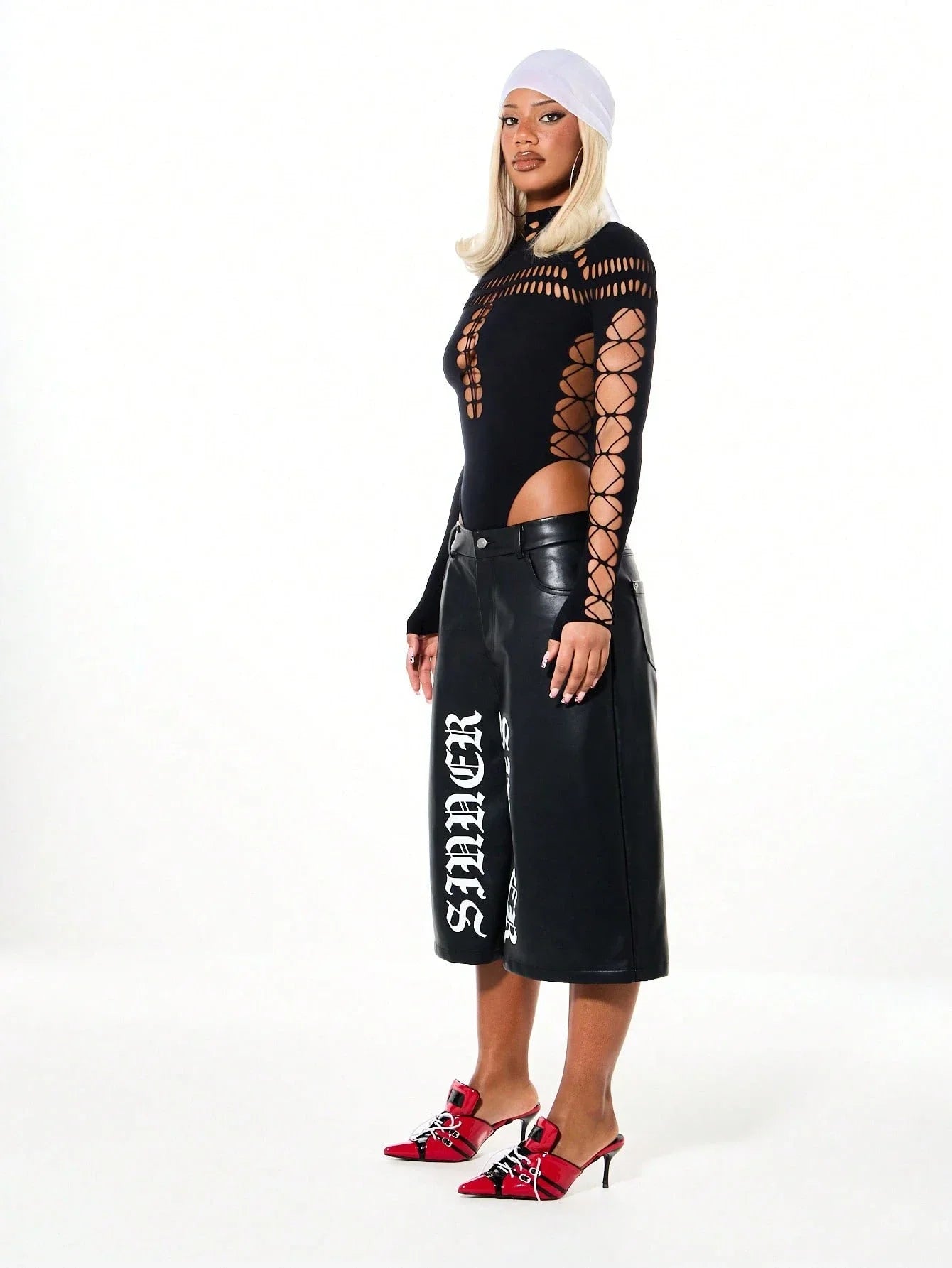 Summer Women's Y2K Sexy Bodysuit High Neck Bodycon Front Cutout & Lace-up Mesh Sleeve Stretchy Edggy Clubwear Streetwear