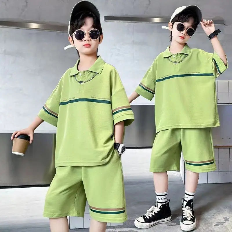 Summer Boys Cotton Loose Alphabet Stripes T-Shirt Tops+Shorts Pant Sets School Kids 2PCS Tracksuit Children Outfits 3-16 Years
