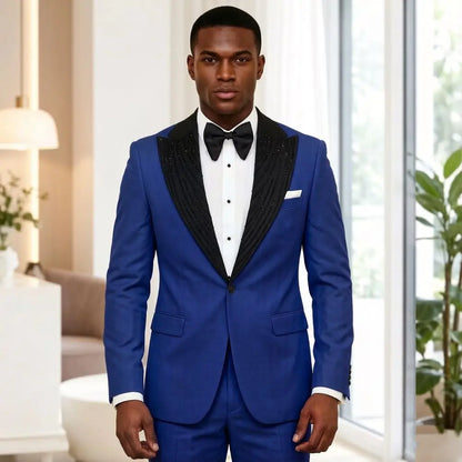 2 Pieces Men Suits Slim Fit Beaded Wedding Prom Tuxedo Shawl Lapel Single Decorative Button Formal Groom Party Office Wear