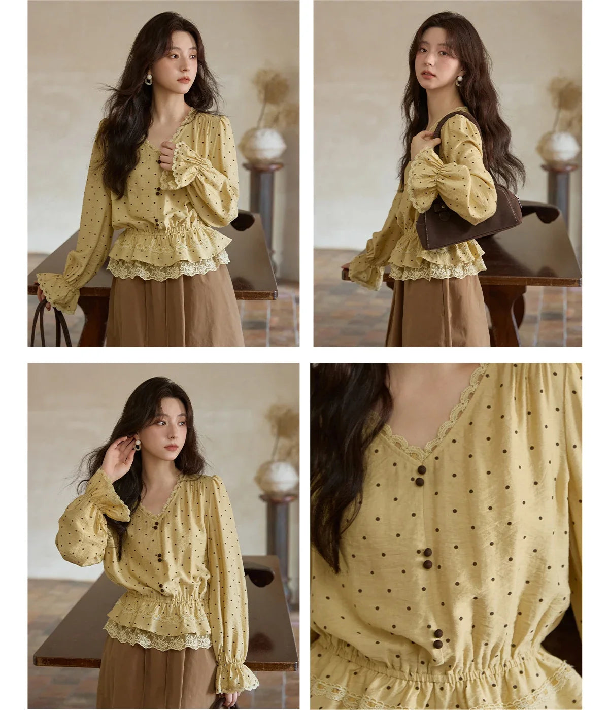 Autumn Yellow Polka Dot Linen Blouse 2025 Autumn Lace V-neck Commuter Top Flare Sleeve Elastic Waist Shirts MXE42X1975