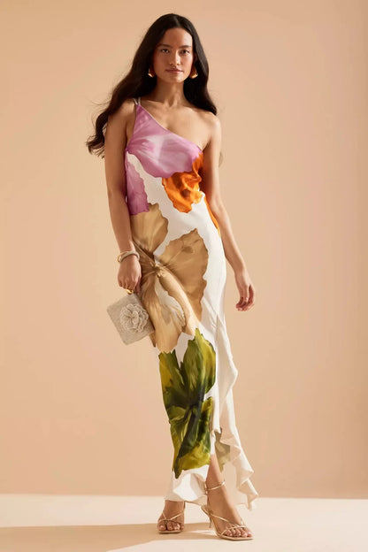 Fashion Women Printed Curling Edge Long Dresses Irregular One Shoulder Open Fork Gown Women Summer 2025 Party Vestidos