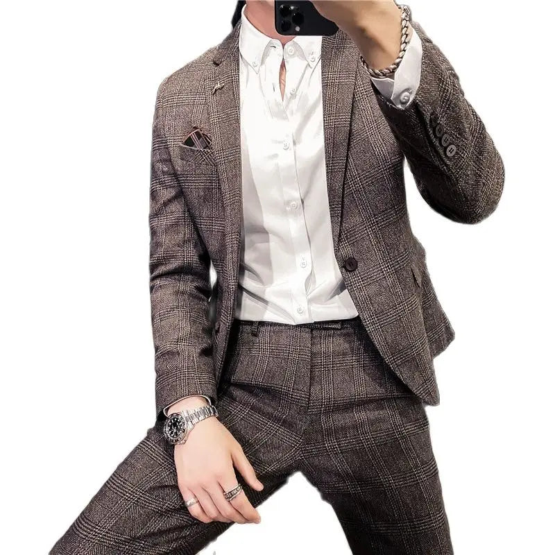 Coffee Brown Men Striped Plaid 3-Piece, Dark Blue Wedding Party Slim Fit Blazers Jacket and Vest with Pants, Asian Size M-5XL