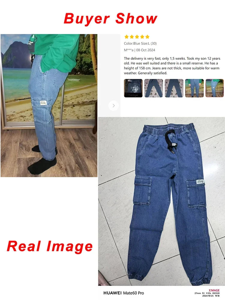 Men's Jogger Jeans Washed Cotton Slight Stretch Multi-Pockets Denim Cargo Pants Asian Size L-6XL