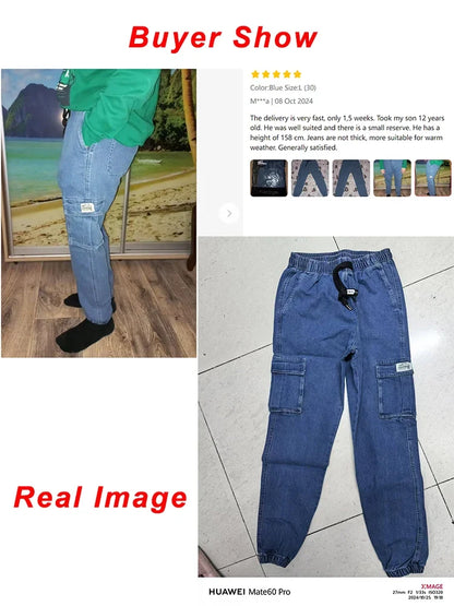 Men's Jogger Jeans Washed Cotton Slight Stretch Multi-Pockets Denim Cargo Pants Asian Size L-6XL