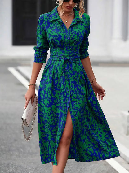 Elegant Random Print Button Down Shirt Dress Women's Long Sleeve Belted Waist Midi Dress Spring Fall Office Casual Dress