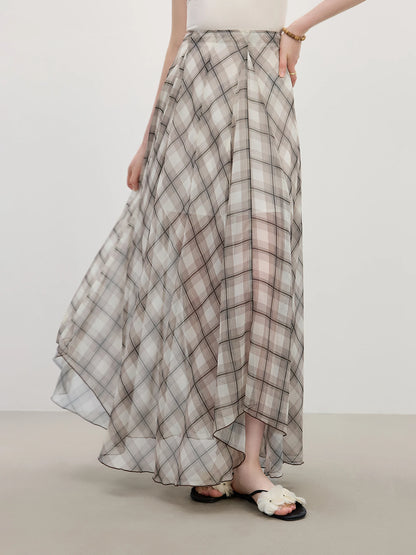 Women's Summer 2025 New Arrival Irregular A-line Hem Plaid Skirt Flowing Relaxed Fit Skirts 25FS12713