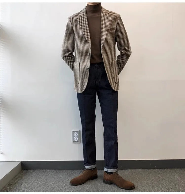 Autumn and Winter Casual Men's Retro Tweed Houndstooth Suit Men's Plus Size Outwear British Gentleman Wool Suit Trendy