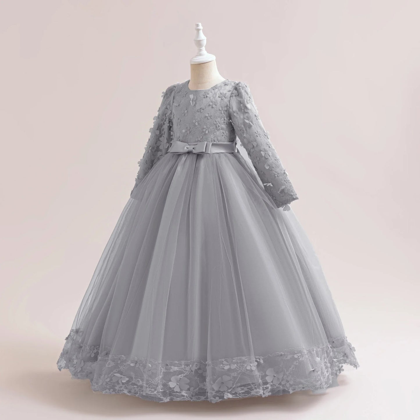 Long Sleeve Flower Bridesmaid Girls Dress Children Christmas Costume Lace Bow Princess Kids Dressees For Girl Party Wedding Gown