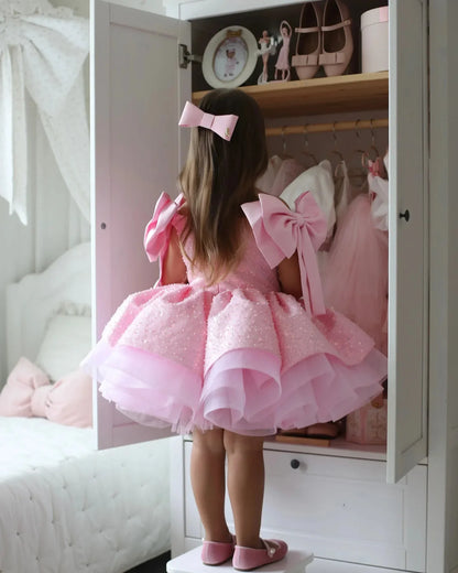 Customized Pink Flower Girl Dresses For Wedding Sequins With Bow Knee Length Cute Princess Birthday Party First Communion Gown