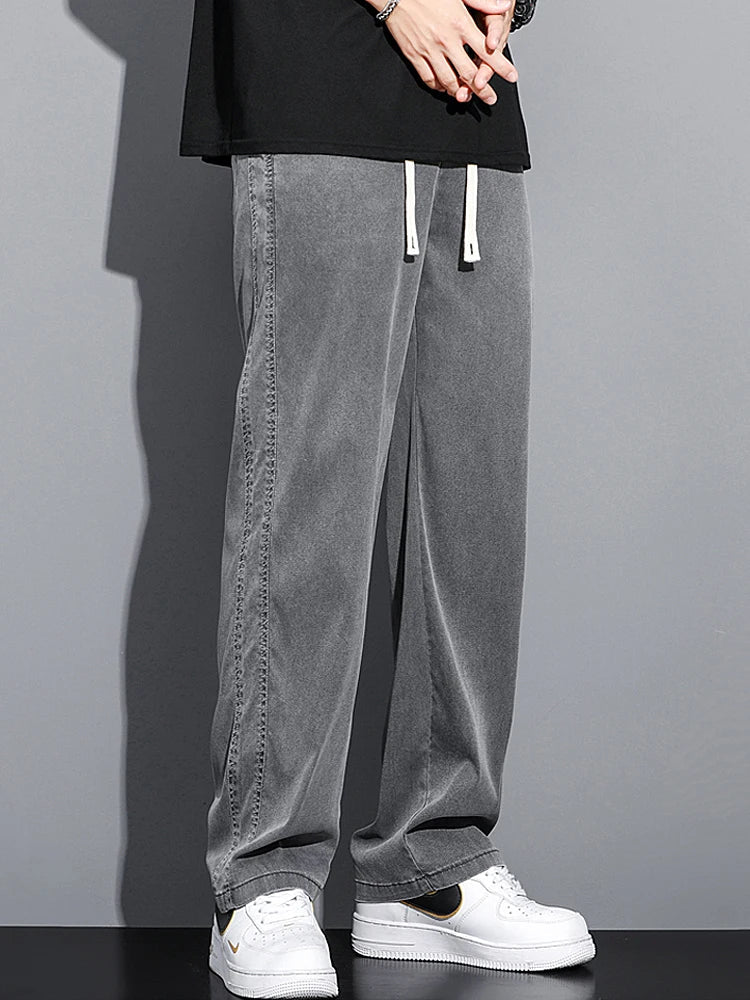Summer Soft Lyocell Fabric Men's Jeans Thin Loose Straight Pants Drawstring Elastic Waist Korea Casual Trousers Plus Size M-5XL
