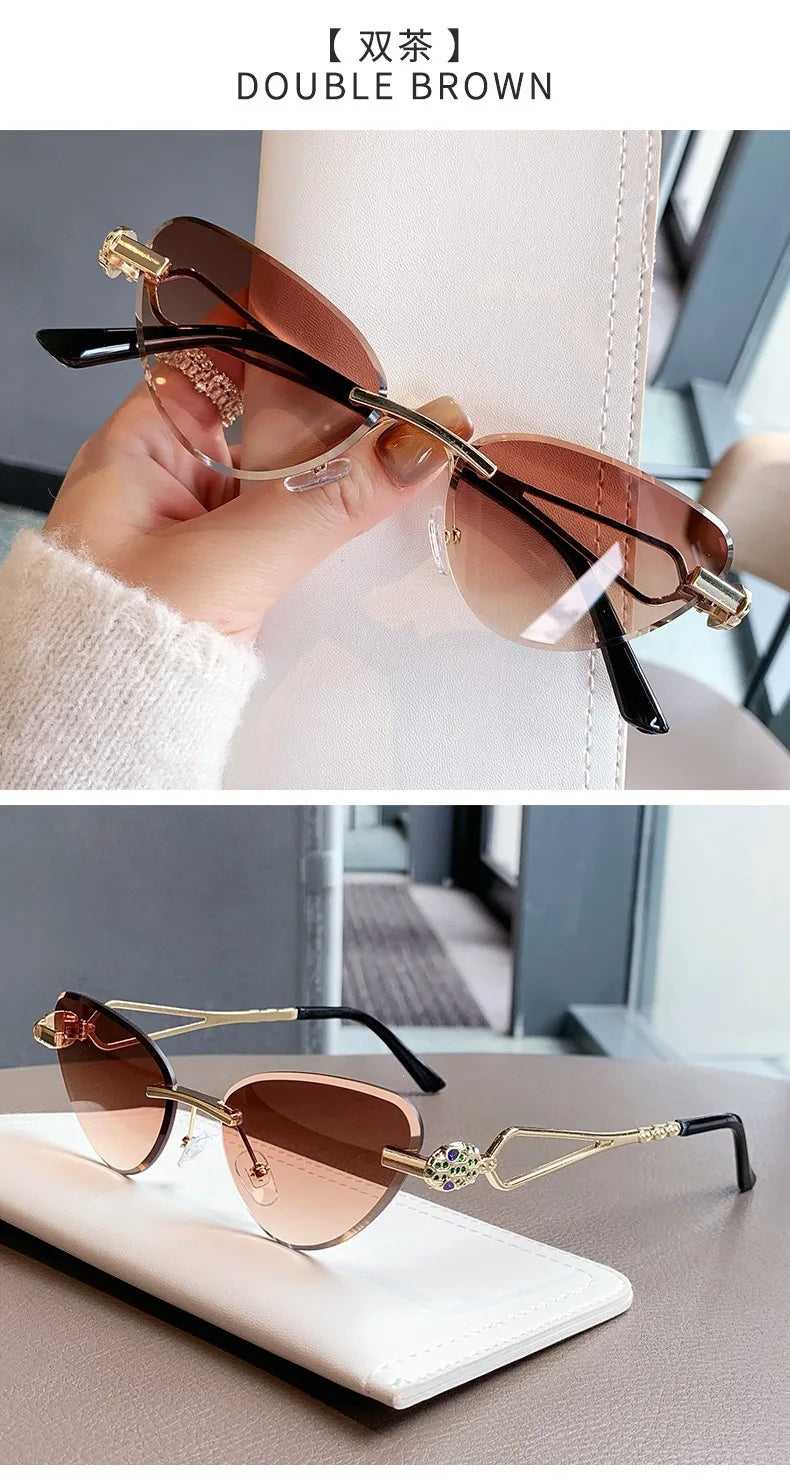 Rimless Cut Edge Cat Eye Sunglasses Gem Inlay Hollow Metal Temple UV400 Gradient Lens Shades for Women Daily Outdoor Sun Glasses