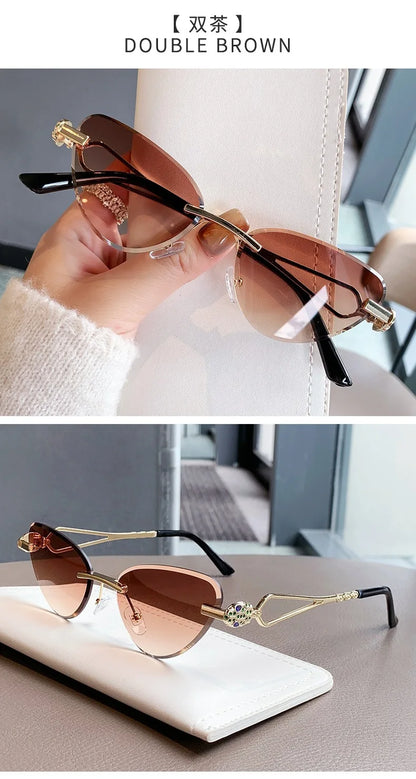 Rimless Cut Edge Cat Eye Sunglasses Gem Inlay Hollow Metal Temple UV400 Gradient Lens Shades for Women Daily Outdoor Sun Glasses
