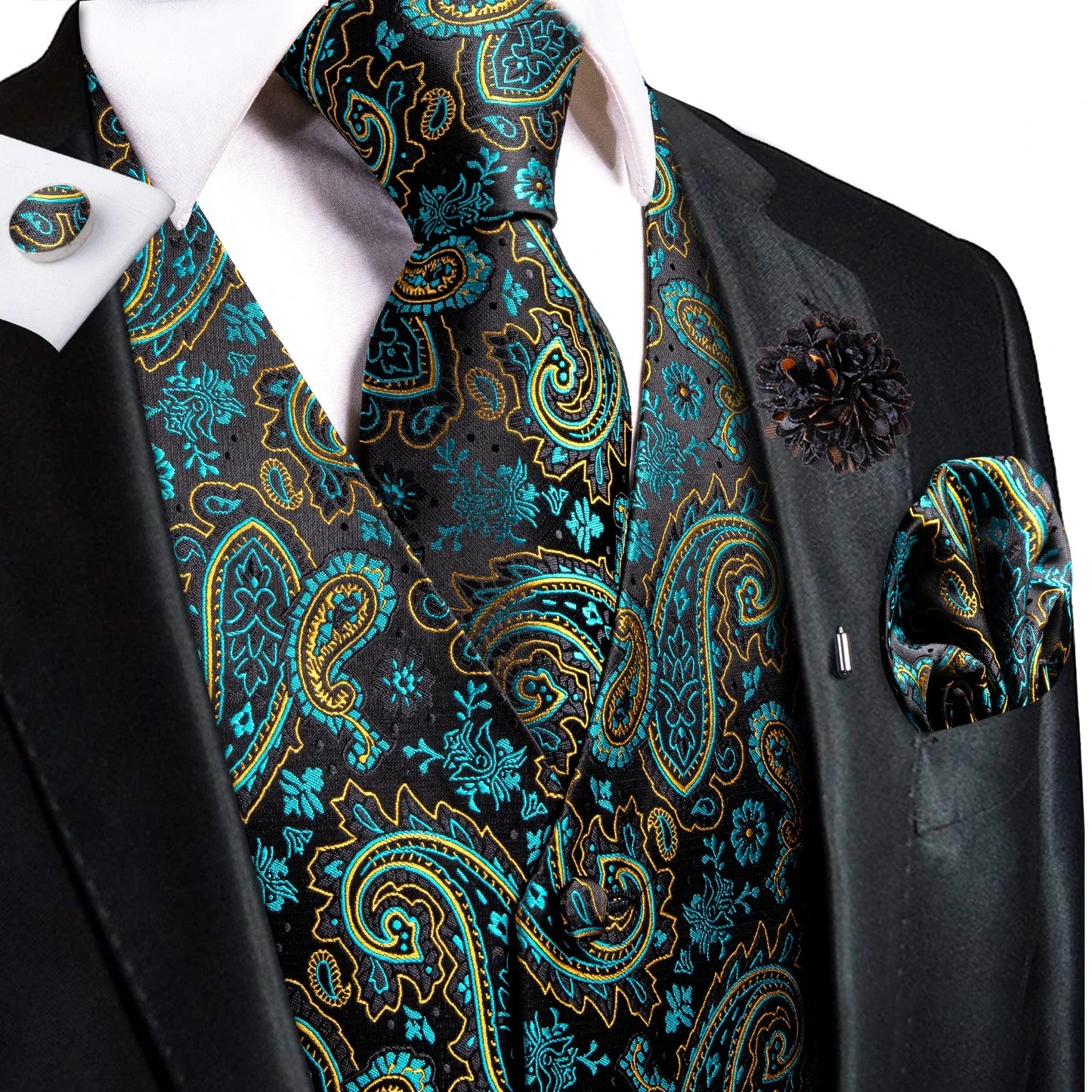 High Quality Silk Mens Vests Champagne Paisley Waistcoat Neck Tie Hanky Cufflinks Brooch Set for Men Suit Wedding Office