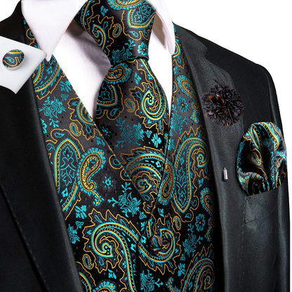 High Quality Silk Mens Vests Champagne Paisley Waistcoat Neck Tie Hanky Cufflinks Brooch Set for Men Suit Wedding Office