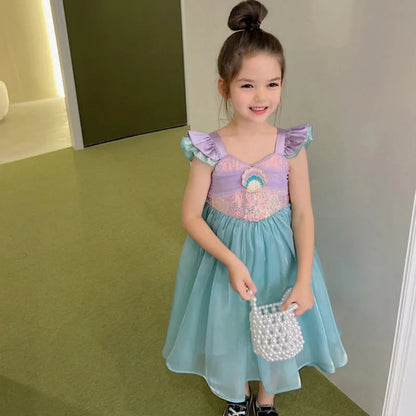Kids Little Mermaid Summer Girls Casual Dress Ariel Princess Dress Cute Birthday Party Costume Kids Dress