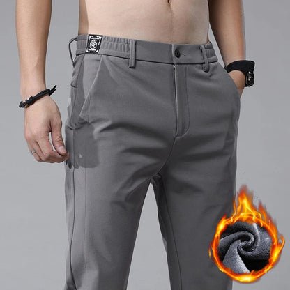 Korean Men's Warm Golf Pants Slim Straight Winter Thick Fleece Casual Pants Business Fashion Stretch Thermal Trousers Male