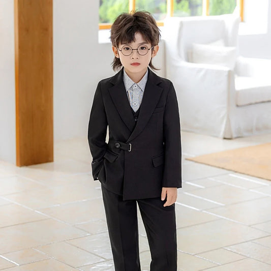 Casual Boys Suits 3 Pieces Jacket Vest Pants Photography Outfit,Smart Stylish Notched Lapel Kids Tuxedo For Banquet Party