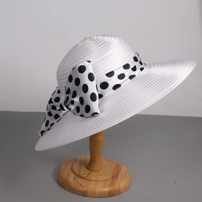 Elegant Women Wide Brim Rose Black Patchwork Polka Dots Kentucky Hat For Wedding Party Hat Big Bowknot Fedora Beach Cap