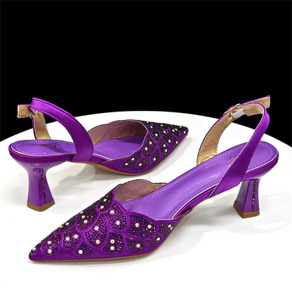 2026 Women's Blue Color Heels with Rhinestone Accents & Matching Bag Set - Elegant Italian Fashion Pointed Toe Design