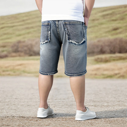 Men's Casual Spring/Summer Denim Shorts - Distressed Denim Shorts with Frayed Edges and Patchwork Details, Fashionable Street-St
