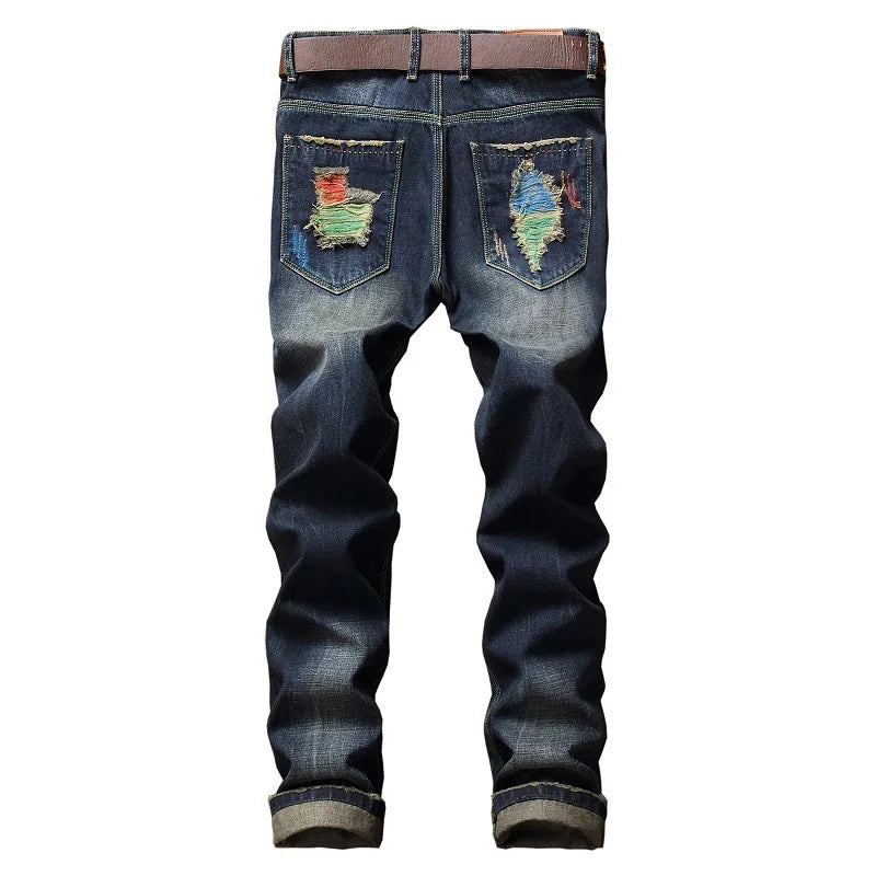 2026 New Men's Yellow Jeans, Blue Stretch Biker Trousers, Broken Hole Jeans, Fashion Popular Men Denim Pants Big Size 29-42