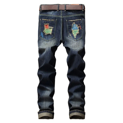 2026 New Men's Yellow Jeans, Blue Stretch Biker Trousers, Broken Hole Jeans, Fashion Popular Men Denim Pants Big Size 29-42