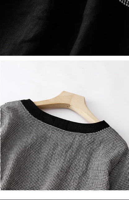 Summer Casual Loose Women's Plaid Linen Dr Design Sense Color Blo Mid-Length Slimming A-Line Skirt Korean Sle Commute