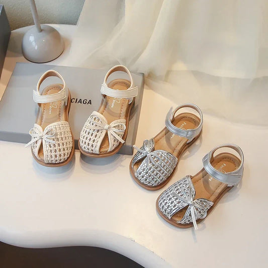 Girls Princess Shoes Weave Breathable Kids Beach Shoes with Simple Bows 2025 Summer New Children Sandals Soild Color Non-slip