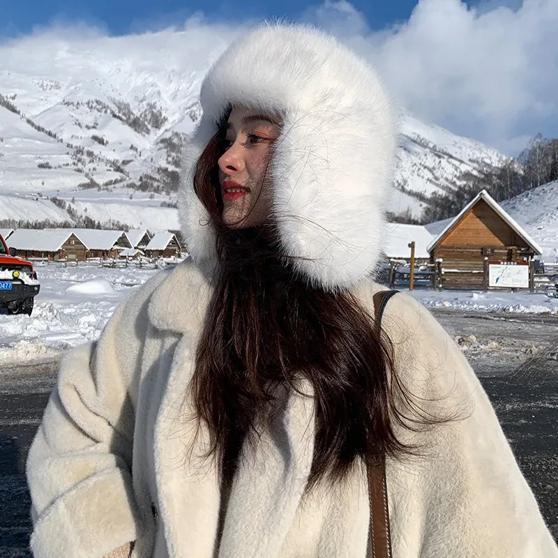 Korean Ins Imitation Mink Plush Hat Winter Women Ear Protection Bomber Hats Fashion Warm Fluffy Faux Fur Ski Beanies Y2k Gift
