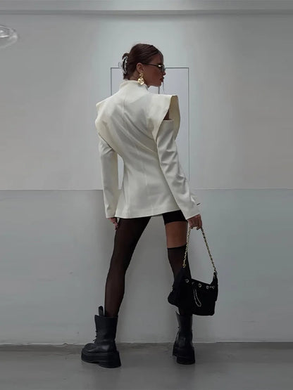 Women's Elegant Waist Blazer Coat Fashion Lapel Cutout Shoulder Double Button Slim Jacket Lady 2026 Spring Chic Street Outerwear
