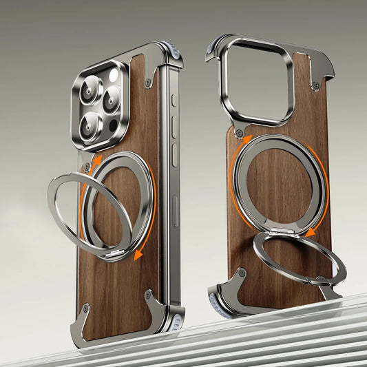 Natural Wood for iPhone 17 16 15 Pro Max Case Frameless with MagSafe Phone Stand Shockproof Protective iPhone 14 Pro Cover