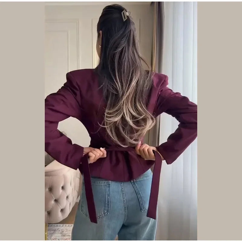 Chic Pleated Waist Cinched Women's Jacket V Neck Single Breasted Lace Up Blazer Coat Lady 2026 Casual Slim Commute Outerwear