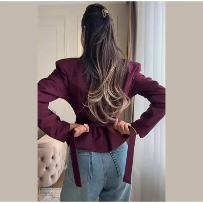 Chic Pleated Waist Cinched Women's Jacket V Neck Single Breasted Lace Up Blazer Coat Lady 2026 Casual Slim Commute Outerwear