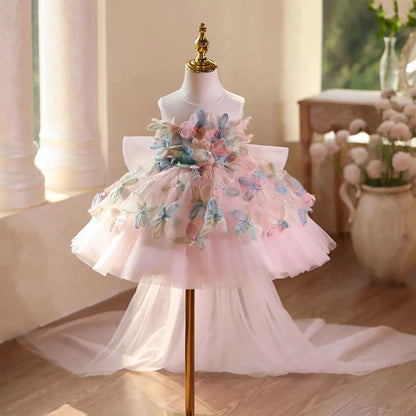 D113 Elegant Turquoise Flower Girl Dress Lace Knee Length Princess Children Wedding 1st Birthday Pageant Party Gown