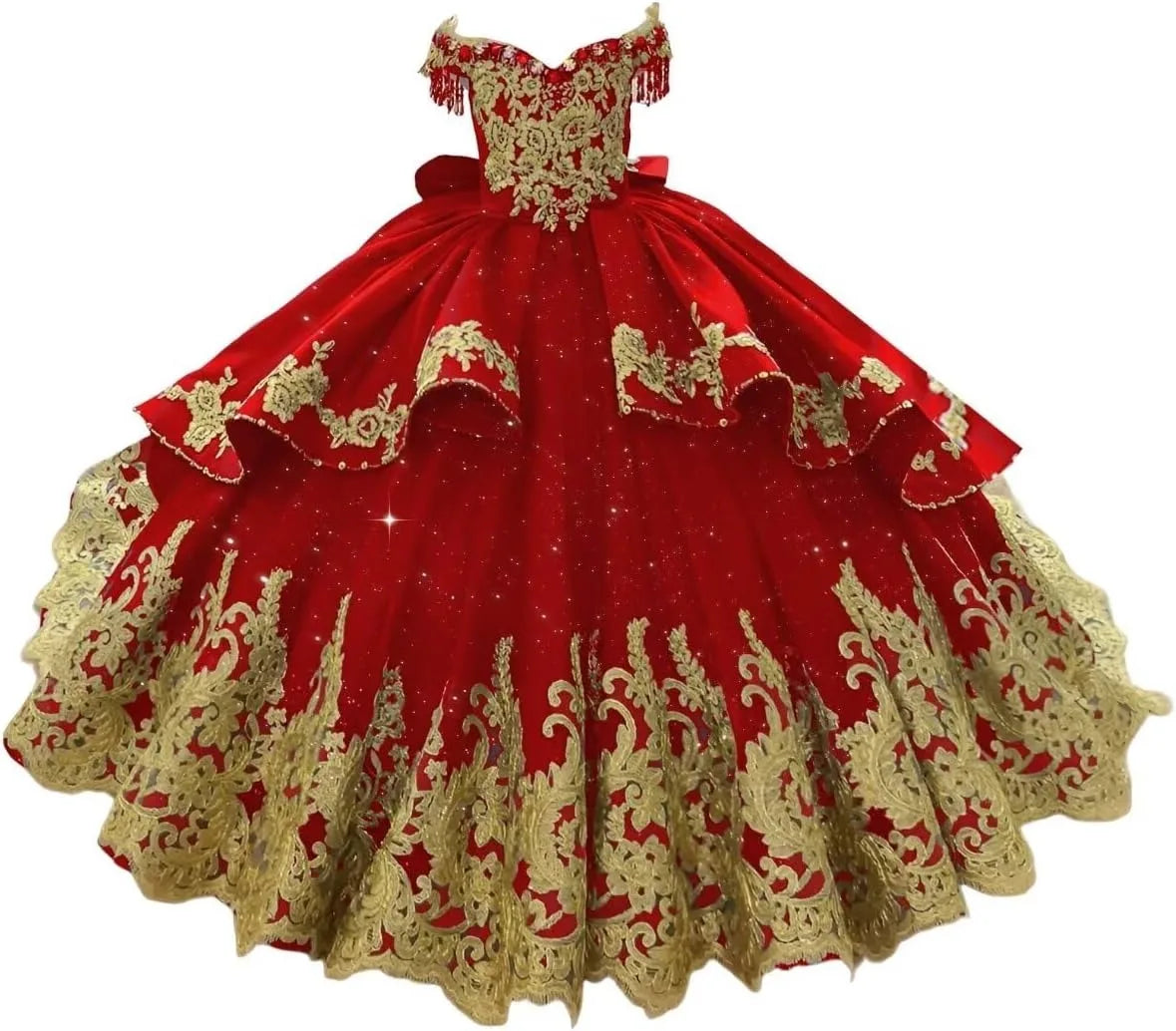 Off Shoulder Flower Girl Dress for Wedding 2-14 Kids Gold Appliqued Tiered Tulle Princess Pageant Dress With Bow/Tassel Custom