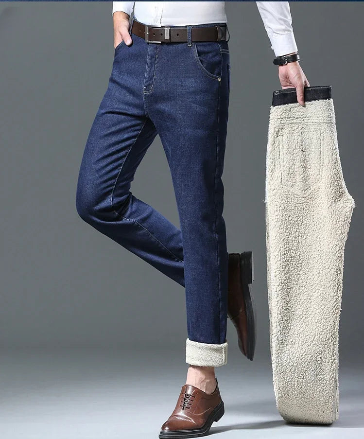 Winter Men's Fleece Thick Sherpa Jeans Business Casual Velvet Straight Denim Pants Male Wool Plush Classic Stretch Trousers
