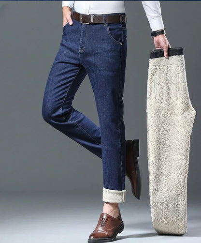 Winter Men's Fleece Thick Sherpa Jeans Business Casual Velvet Straight Denim Pants Male Wool Plush Classic Stretch Trousers