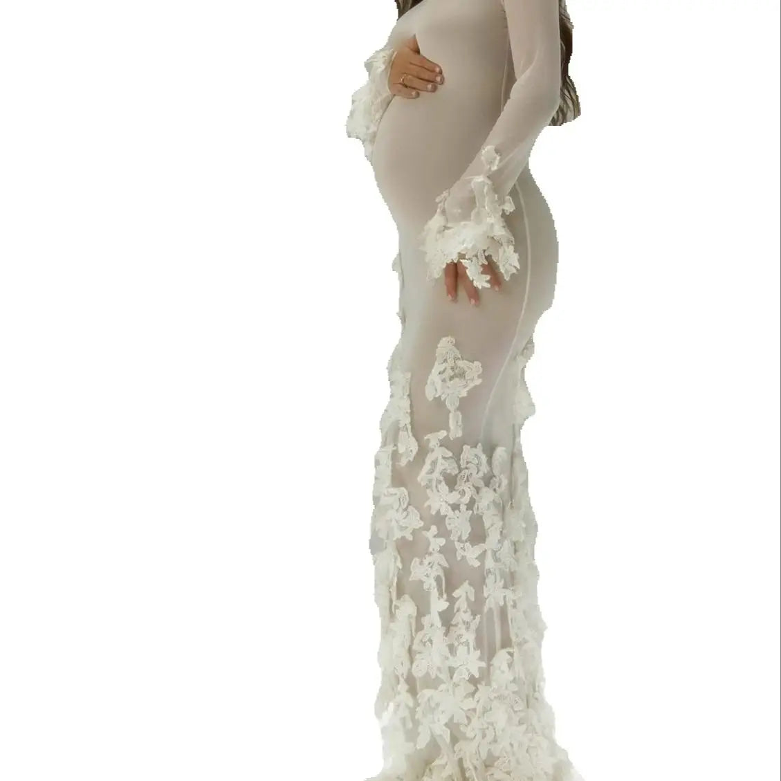 Sexy Women Pregnant Prom Dress For Photo Shoot Full Sleeves Bridal Morning Robe Customized 3D Flower Long Party Gown