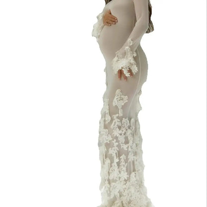 Sexy Women Pregnant Prom Dress For Photo Shoot Full Sleeves Bridal Morning Robe Customized 3D Flower Long Party Gown
