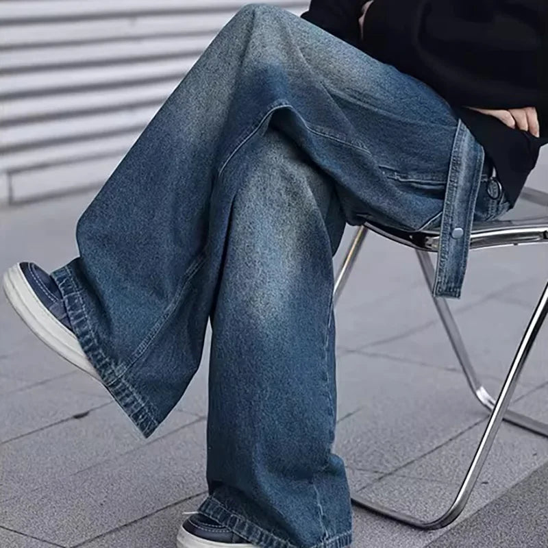 Korean Style Design Belt Jeans Men'S Casual Loose Retro Blue Straight Leg Pants High Street Wide Leg Pants