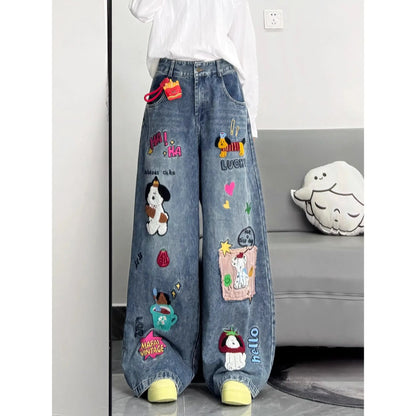 Retro American Cartoon Floing Embroidery Jeans Men Women Cleanfit Waed Loose Wide Leg Pants Couples Casual Loose Fit