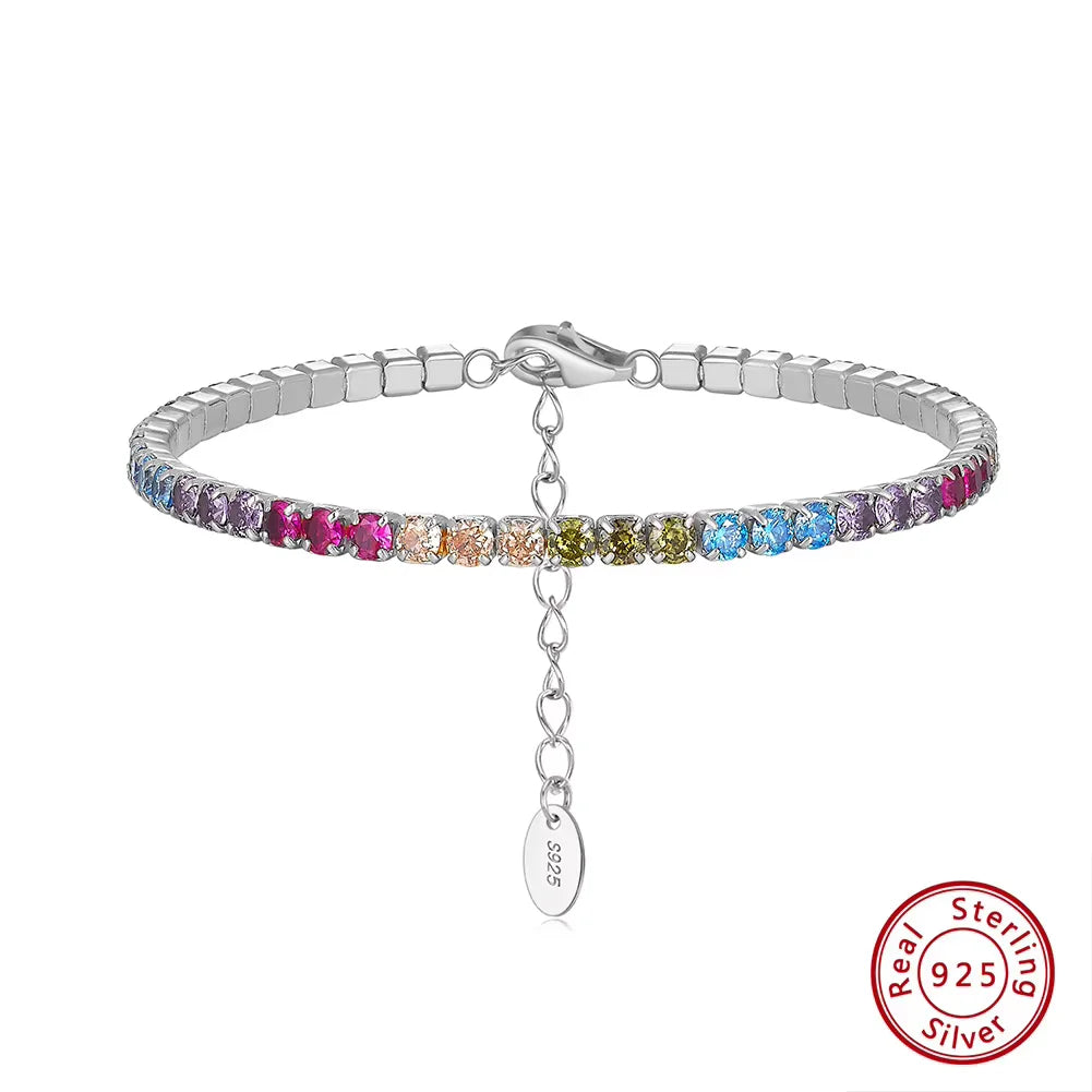 Fashion 3mm Bezel Setting Colorful 4A Cubic Zirconia Tennis 925 Sterling Silver Adjustable Bracelet for Women SB192