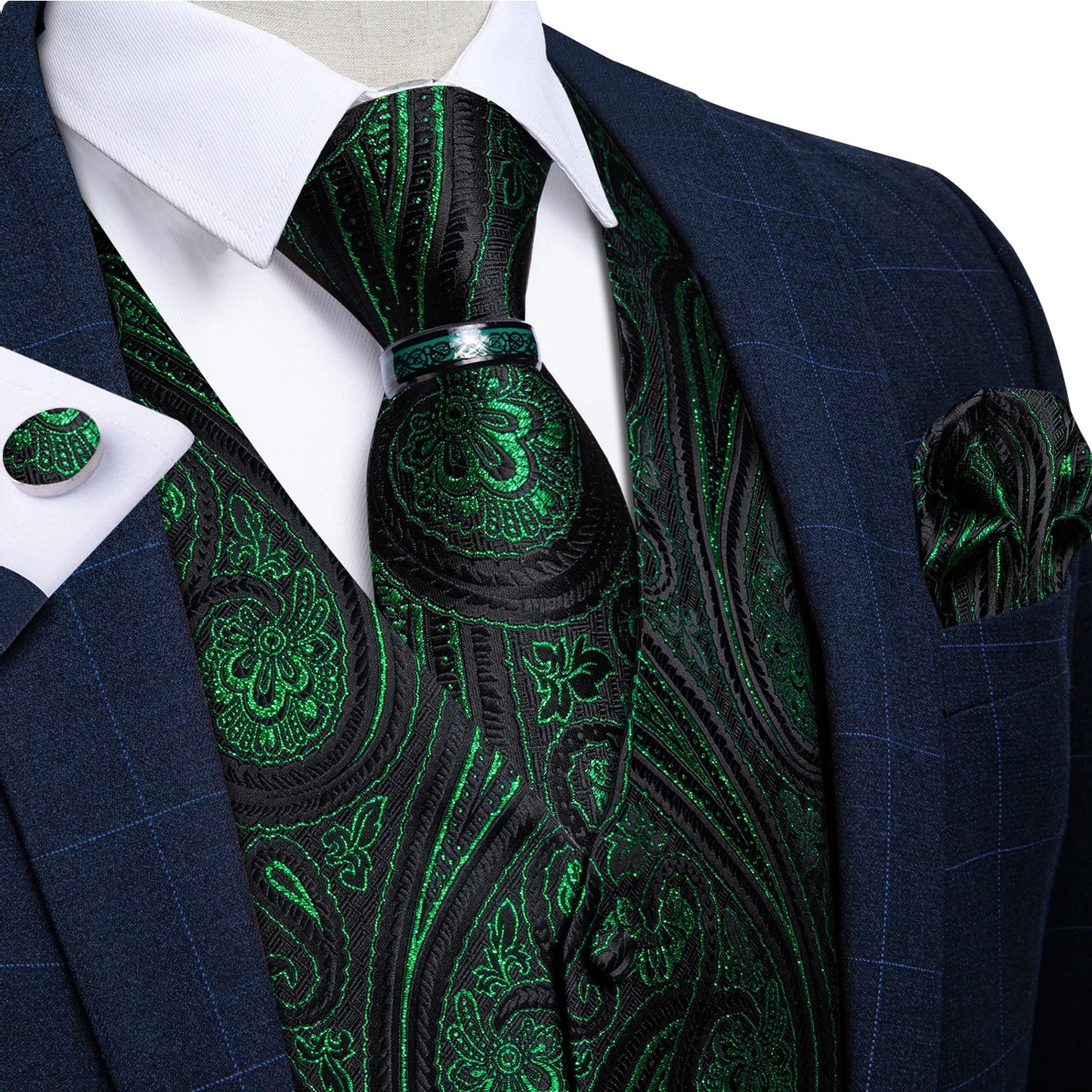 Luxury Green Paisley Solid Silk Suit Vest for Men Wedding Waistcoat Neck Tie Set Party Tuxedo Men Clothing DiBanGu