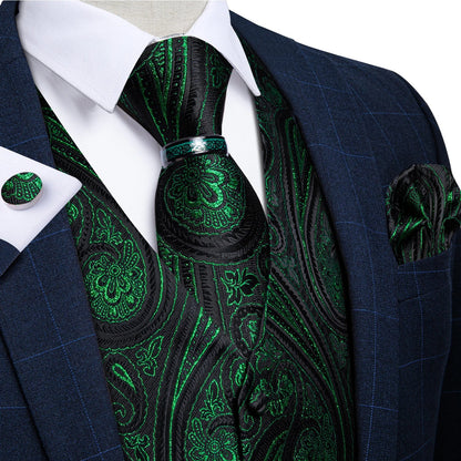 Luxury Green Paisley Solid Silk Suit Vest for Men Wedding Waistcoat Neck Tie Set Party Tuxedo Men Clothing DiBanGu