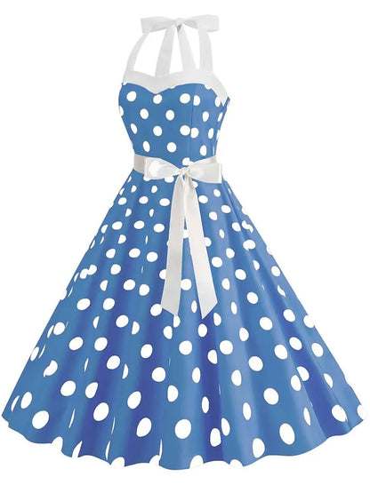 Women Summer Party Dress With Belt Polka Dot Print Halter Hepburn Robe 50s 60s Vintage Dresses
