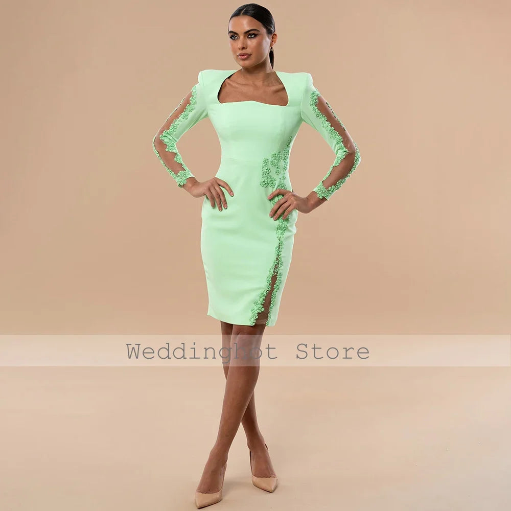 Customized Mint Cocktail Dress Knee Length Long Sleeves Applique Illusion Cocktail Gown Short Sheath Luxury Short Party Dresses