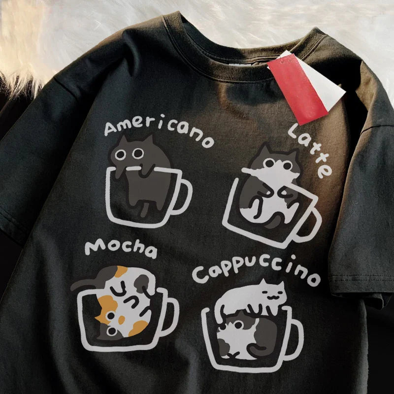 Cat Coffee Pure Cotton Trendy Summer Loose Short Sleeved T-shirt Men Women Original Mocha Latte Cat Three Flowers Fun Cat Tees