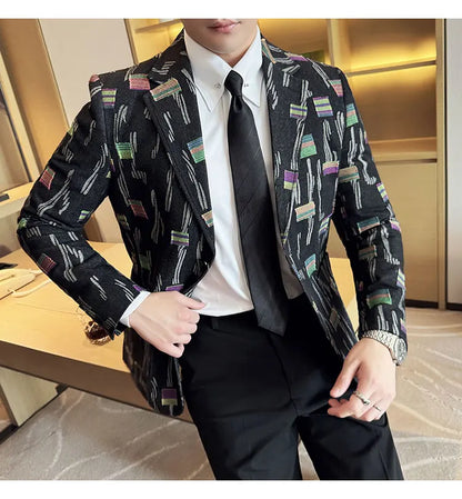 2025 New Luxury Denim Jacquard Suit Coats Men Fashion Slim Fit Suit Casual Business Party Coat Uniform Wedding Social Tailcoat