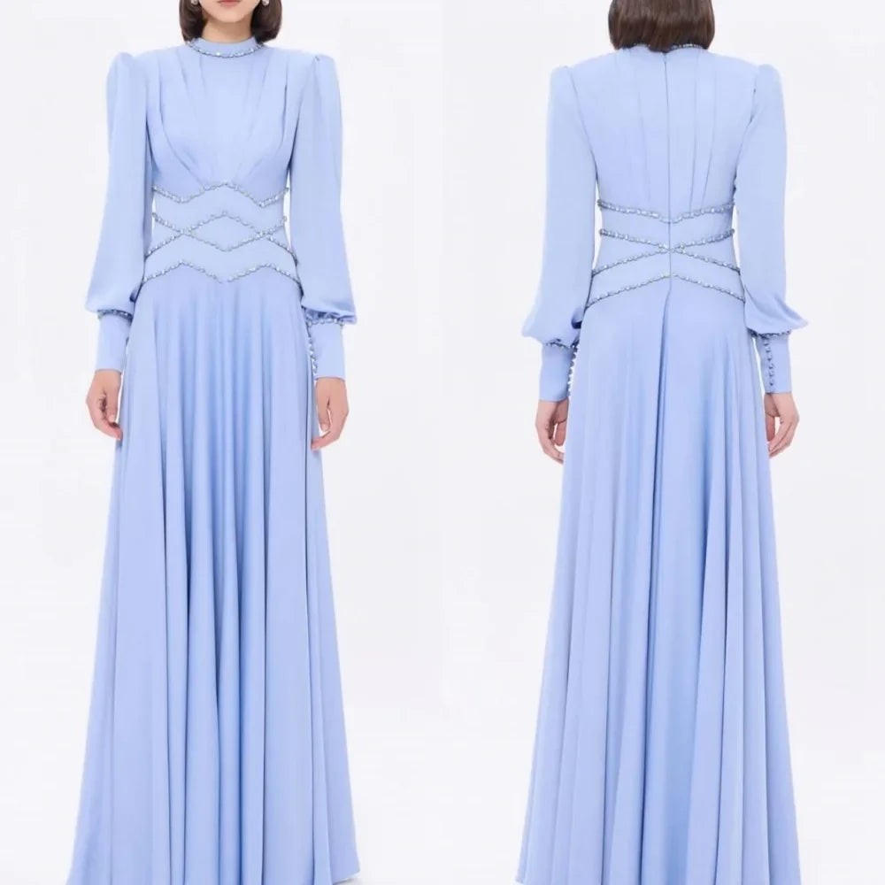 Customized Exquisite Classic Jersey Button Rhinestone A-line High Collar Long Dresses Bespoke Occasion Dresses Sizes Available