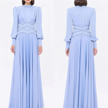 Customized Exquisite Classic Jersey Button Rhinestone A-line High Collar Long Dresses Bespoke Occasion Dresses Sizes Available